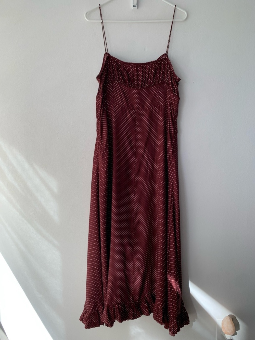 Doen Rosaria Silk Ruffle Ruched Midi Maxi Dress Burgundy Colette Dot Polka - Picture 8 of 10